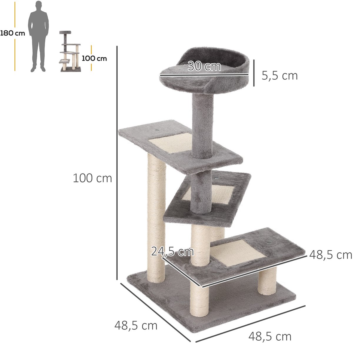 Krabpaal van 100 cm met sisalpalen-groot platform-krabpaal met meerdere niveaus-klimtoren-voor kleine katten-beige+grijs thumbnail 5