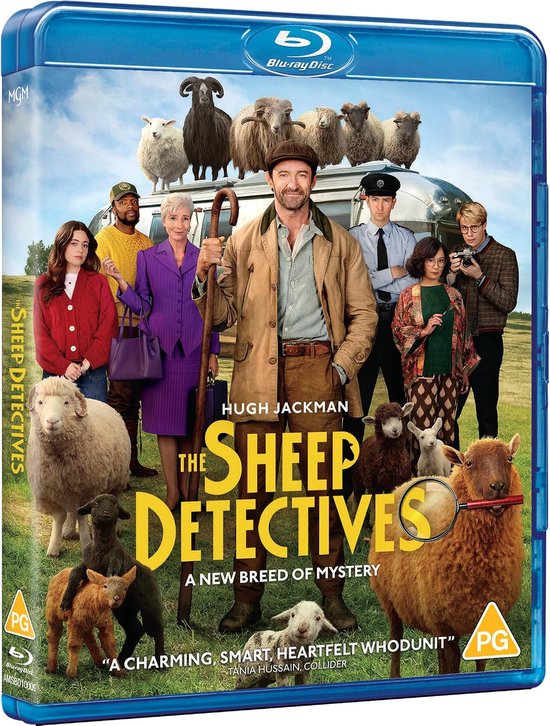De Schapenspeurders. Hugh Jackman staat centraal met een schaapherdersstok, omringd door een groep schapen en een ensemble cast.