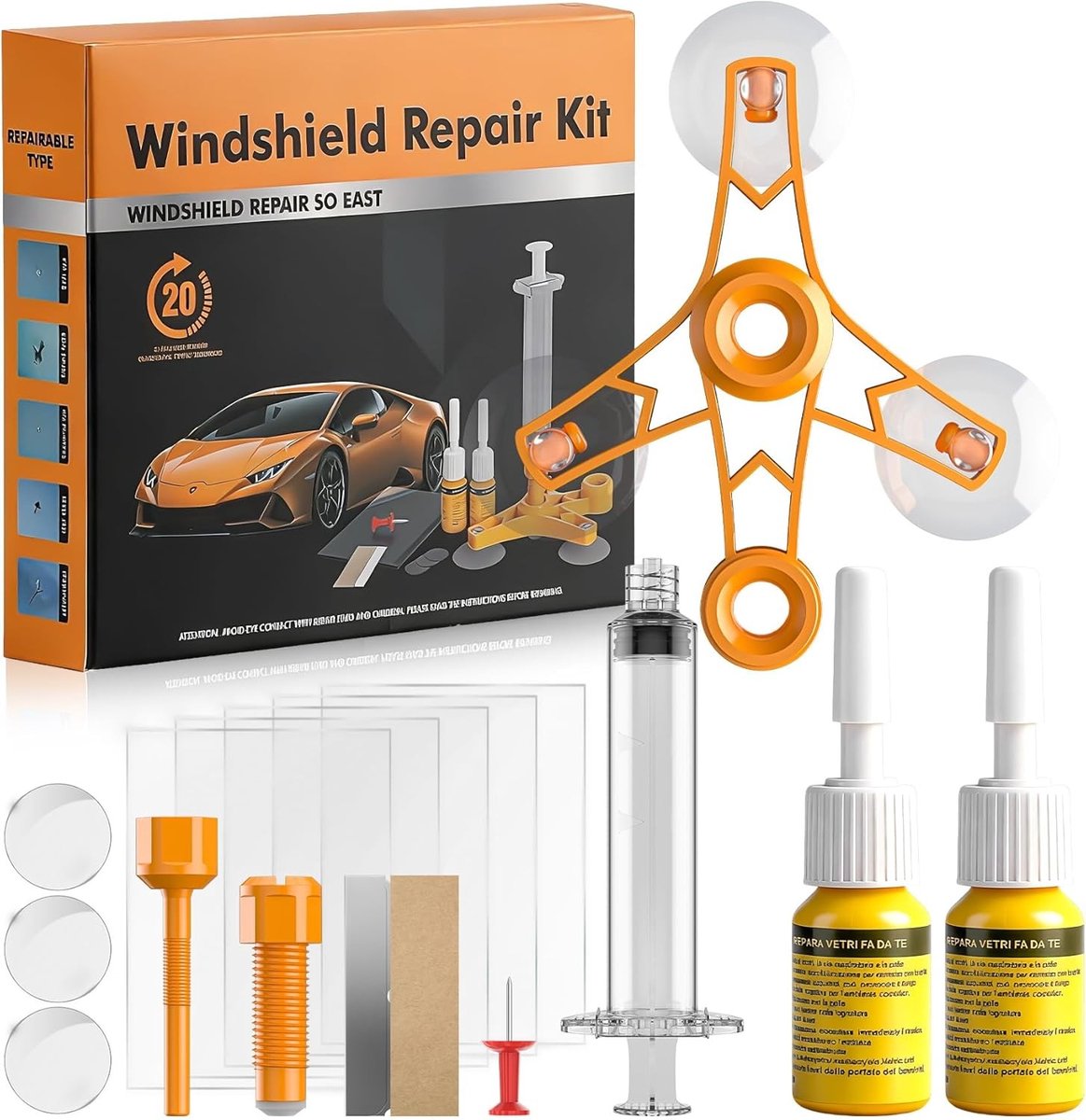 Complete Windshield Repair Kit voor Auto's, Universele Glasreparatie voor Gebroken Ruiten, Eenvoudig en Snel te Gebruiken, Inclusief Reparatie-instructies en Accessoires