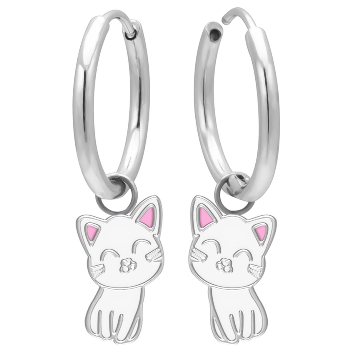 Kinderoorbellen Meisjes Witte Kat - 316L Chirurgisch Stalen Oorhangers - 12 mm