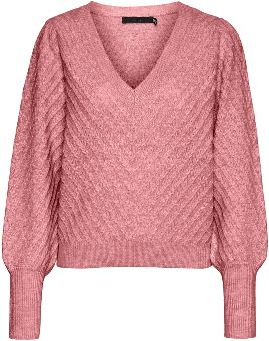 Roze gebreide trui met V-hals, pofmouwen en ribboord.