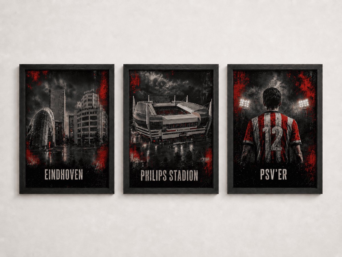 PSV Drieluik Poster | Eindhoven & Philips Stadion | Inclusief 3 Zwarte A4 Lijsten