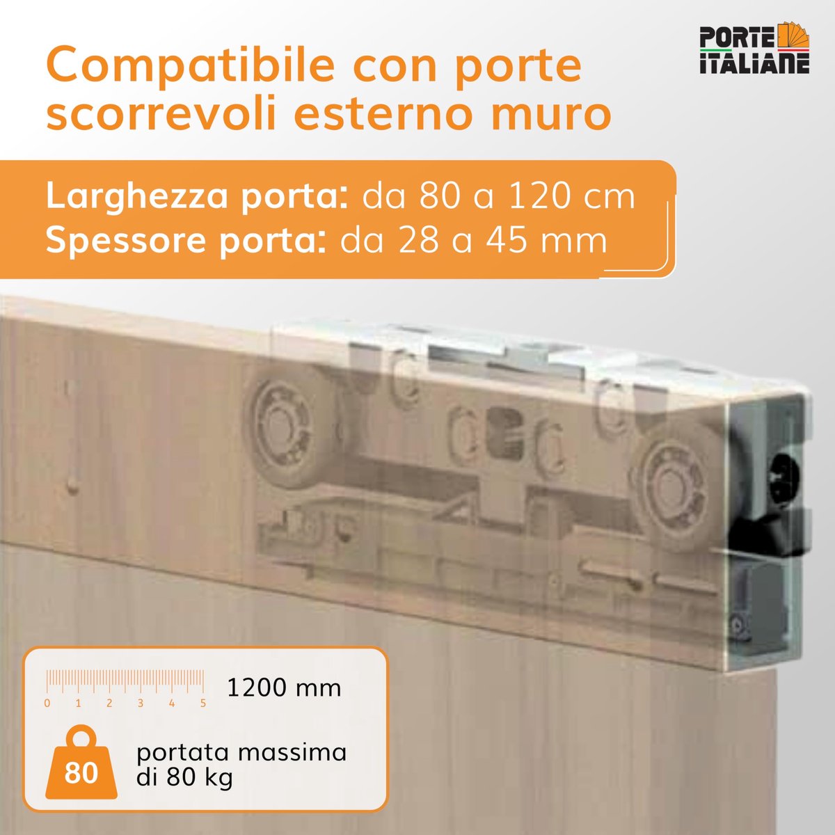 PORTE ITALIANE Schuifdeur spoor, onzichtbare magische 1200 voor externe schuifdeur houten muur, kit bevat spoor - ShopVlot