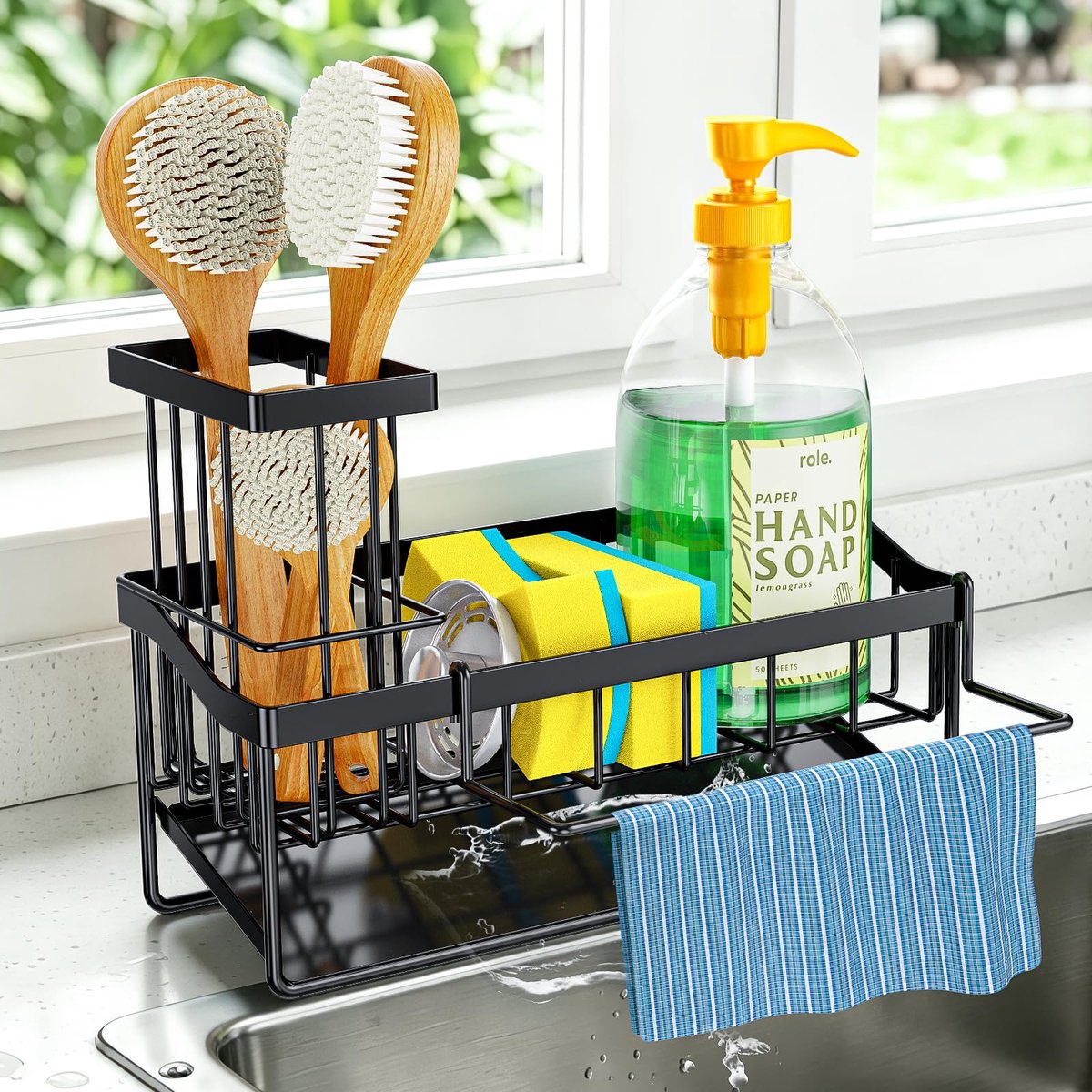PKBD Zelfdrainerende gootsteen Caddy - Houdt spons en vaatdoek, zwart - ShopVlot