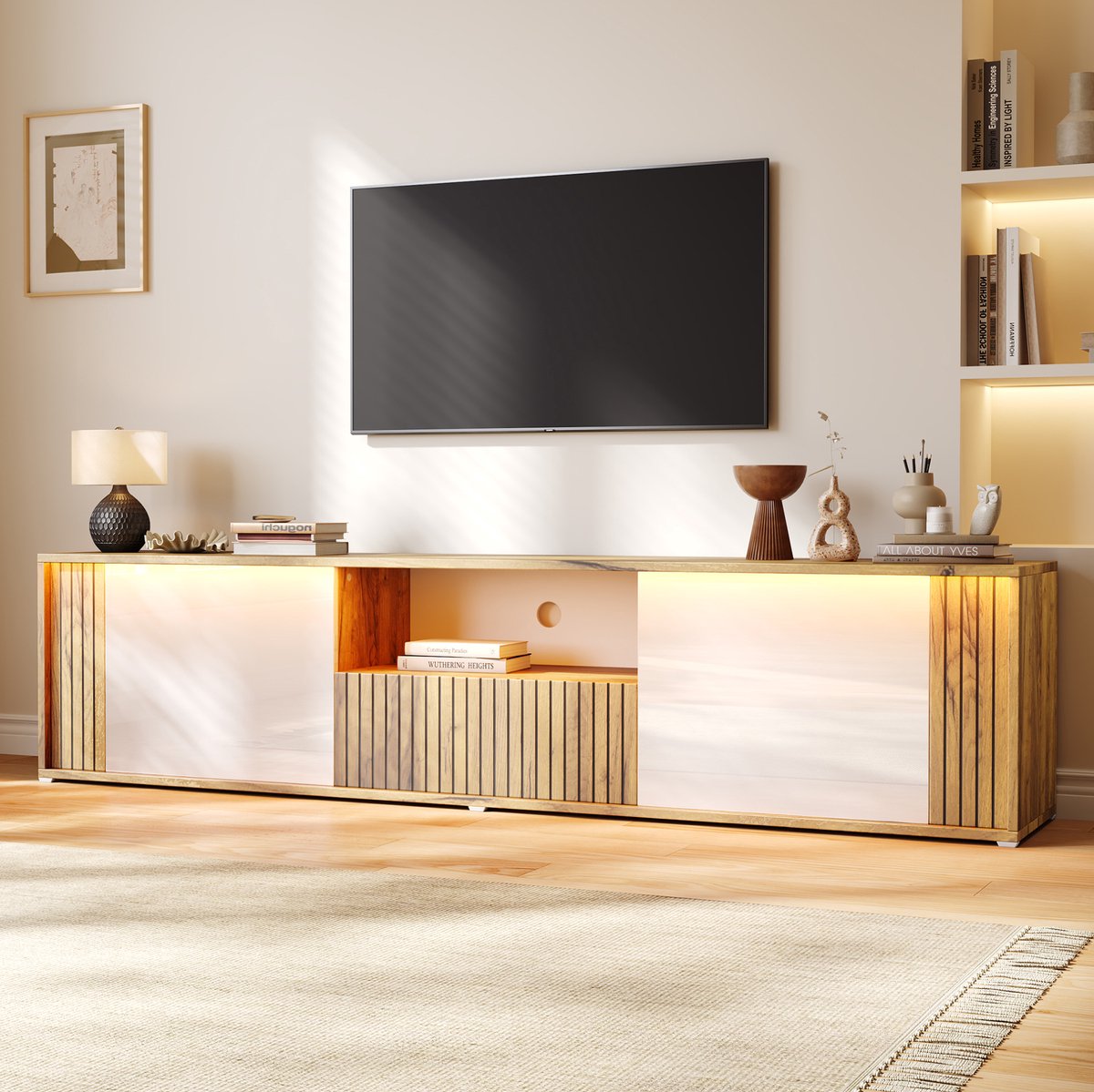 FloraGrace Tv Meubel - Lowboard Met Ledverlichting, 2 Deuren En 1 Lade - Voor Tv Tot 75 Inch - MDF En Spaanplaat - 180x40x51 Cm - Wit Naturel