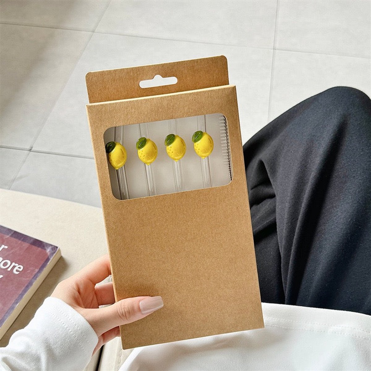 Stasia Glazen Rietjes met Citroenen – Set van 8 – Transparante Drinkrietjes – Luxe Design – Glazen Rietjes