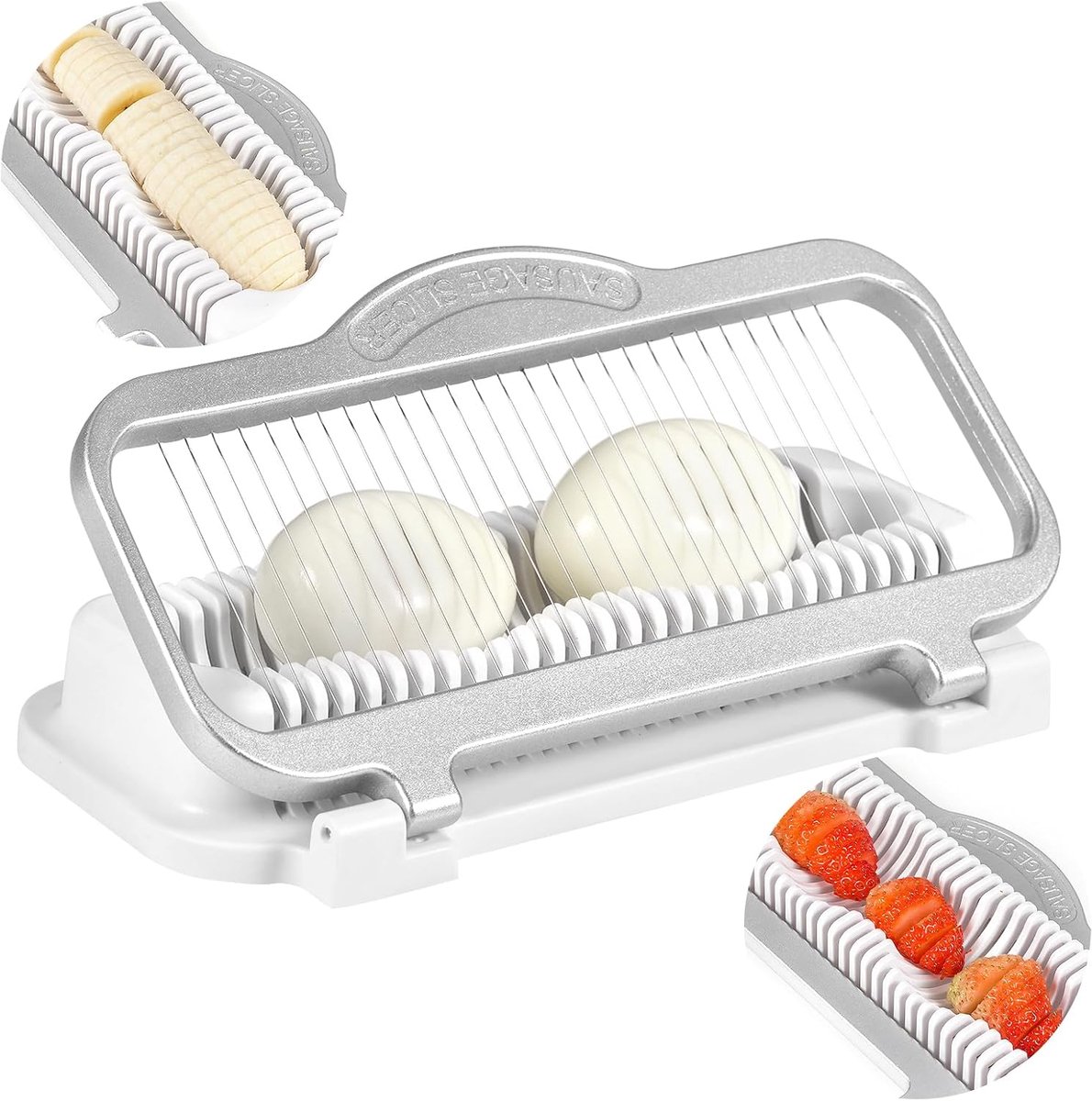 Multifunctionele snijder - aluminium met roestvrijstalen draden - voor gelijkmatige plakjes - voor eieren, bananen en aardbeien - keukensnijgereedschap - voor thuiskeukens - wit - groot - 1 stuk