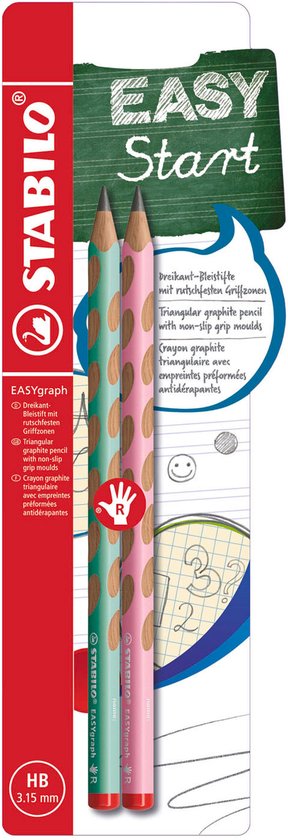 Emballage STABILO EASYgraph avec deux crayons, un vert pastel et un rose pastel, tous deux à pois marron.