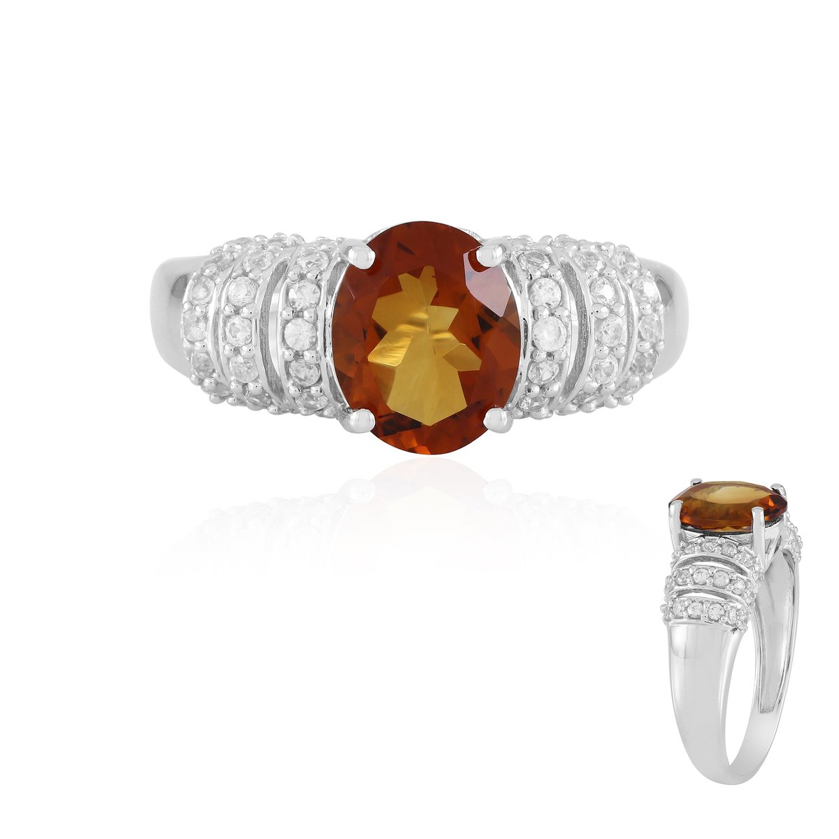 Cavill - Zilveren Ring - 925 Sterling Zilver Gerhodineerd - Ovale Madeira Citrien 1,89 ct - Pavé Zirkonen 0,83 ct - Elegante Braziliaanse Sieraden