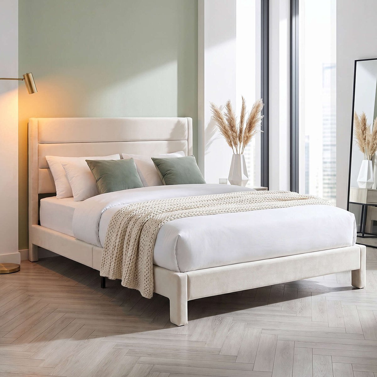 KUTAS 2 Persoons Bed 140 x 190 cm - Gestoffeerd Bedframe - Houten Lattenbodem - Metalen Frame - 500 kg Draagvermogen - Beige