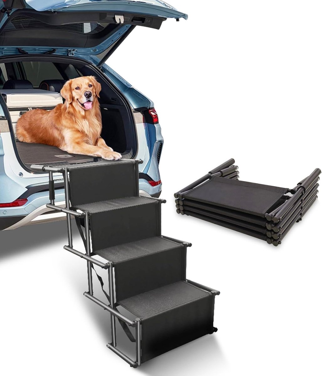 Famanu – Opvouwbare hondenhelling met 4 treden, hondentrap voor grote honden, tot 80 kg, met antislip oppervlak, geschikt voor alle voertuigen