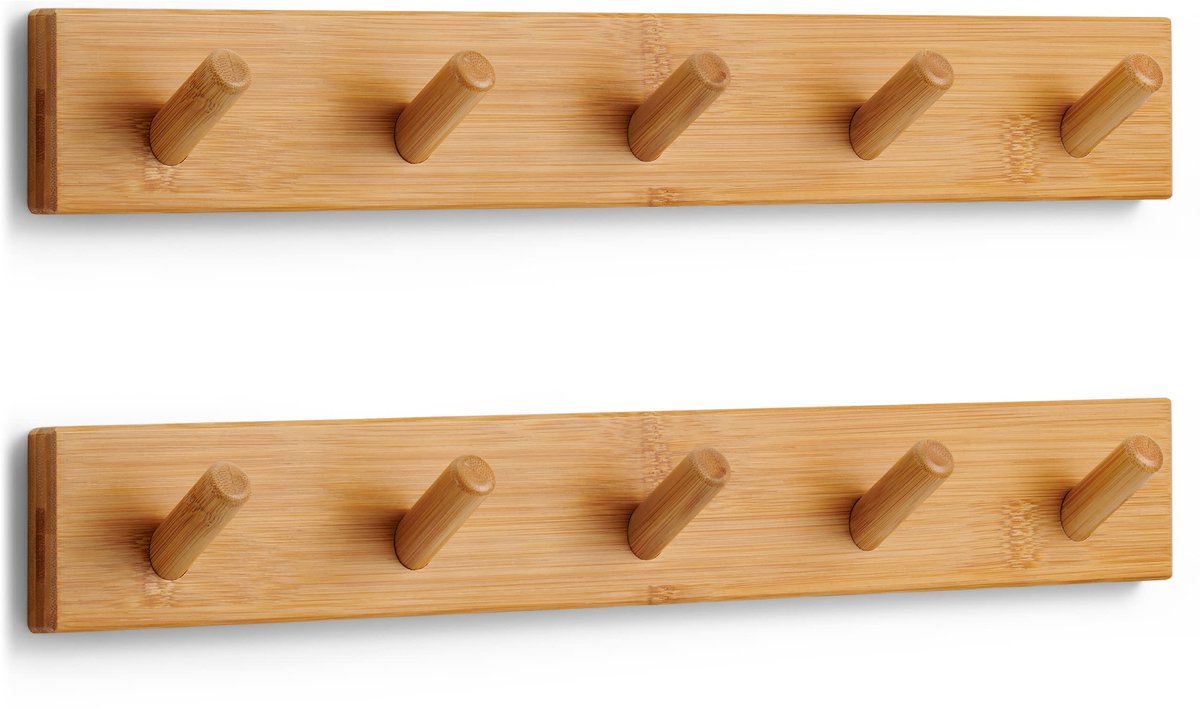 Famanu Wandkapstok set van 2 stuks, houten wandkapstok met 5 haken, ideaal voor entree of hal Naturel