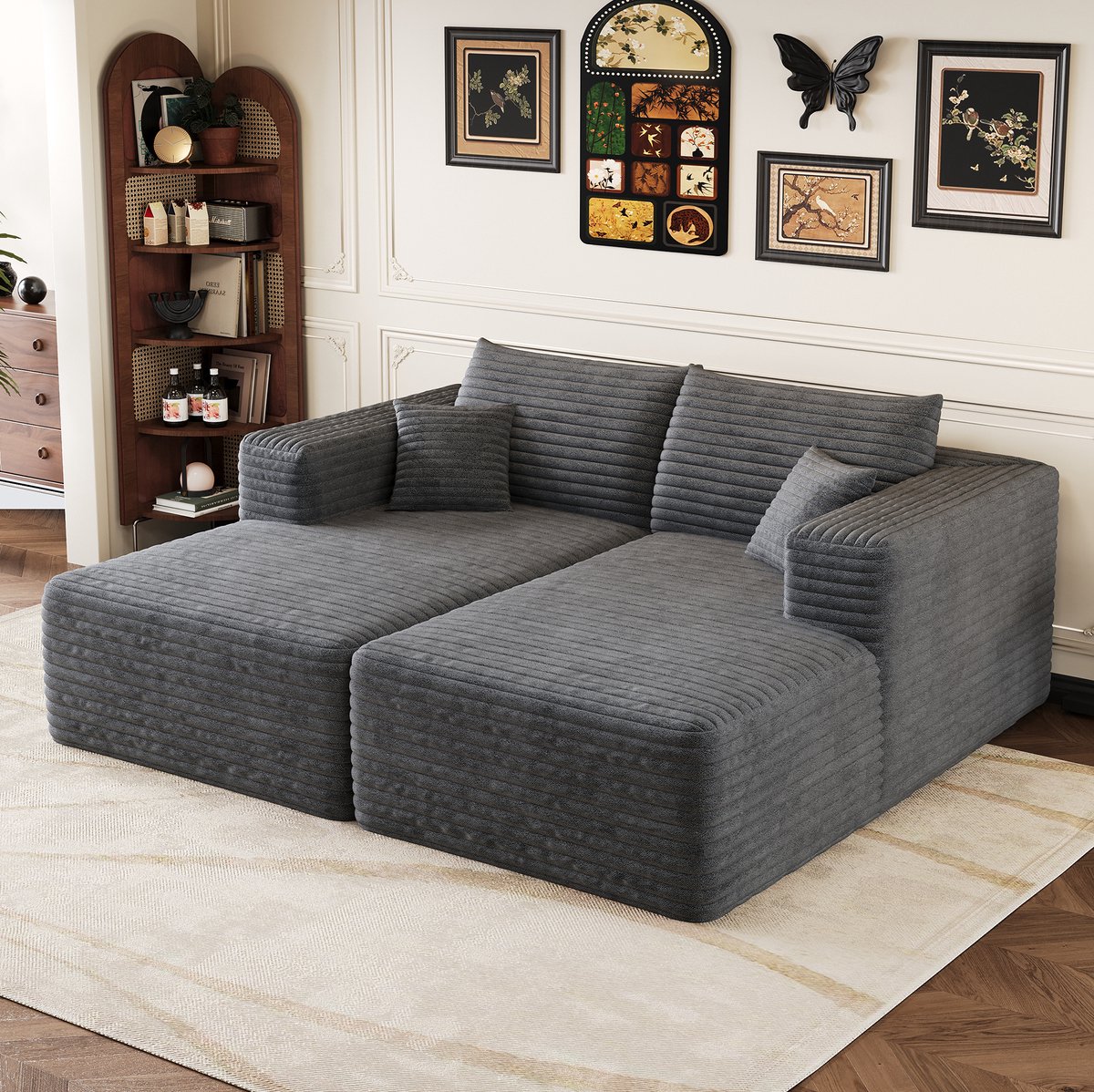 OKWISH Slaapbank 180 x 151 cm - Modulair Zonder Montage - Voor Woonkamer En Slaapkamer - Corduroy - Donkergrijs