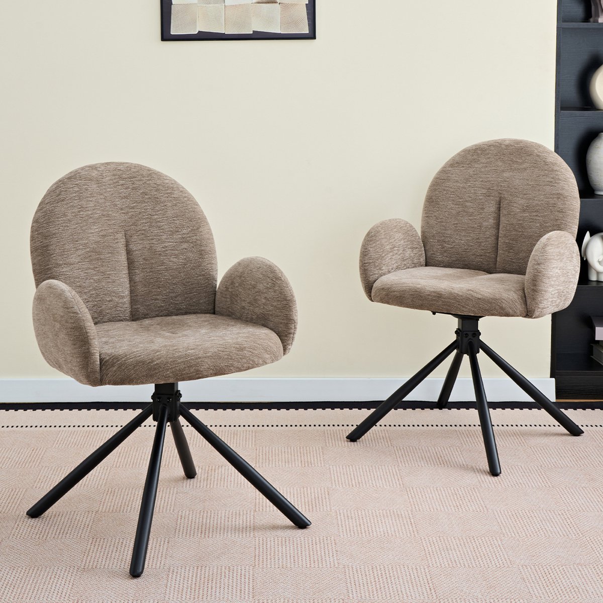 OKWISH Eetkamerstoel Set Van 2 – Draaibaar Met Armleuningen – Zachte Chenille Bekleding – Voor Eetkamer, Woonkamer En Werkkamer – Taupe Zwart – Metaal