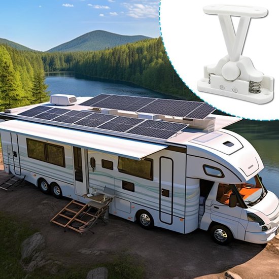 Witte caravandeurvastzetter van nylon, 7 x 7,5 cm, met veer. Geïntegreerd in een afbeelding van een camper met zonnepanelen.