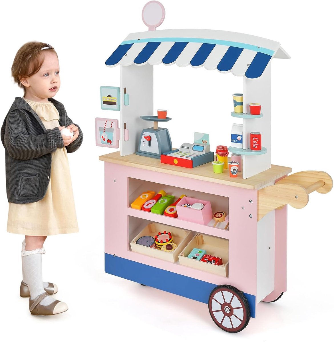 COSTWAY Winkelwinkel voor kinderen, houten winkel met 2 planken, duwgreep en accessoires, boodschappenwinkel op 3 wielen incl. bekerrek, weegschaal en POS-machine, voor kinderen vanaf 3 jaar (roze)