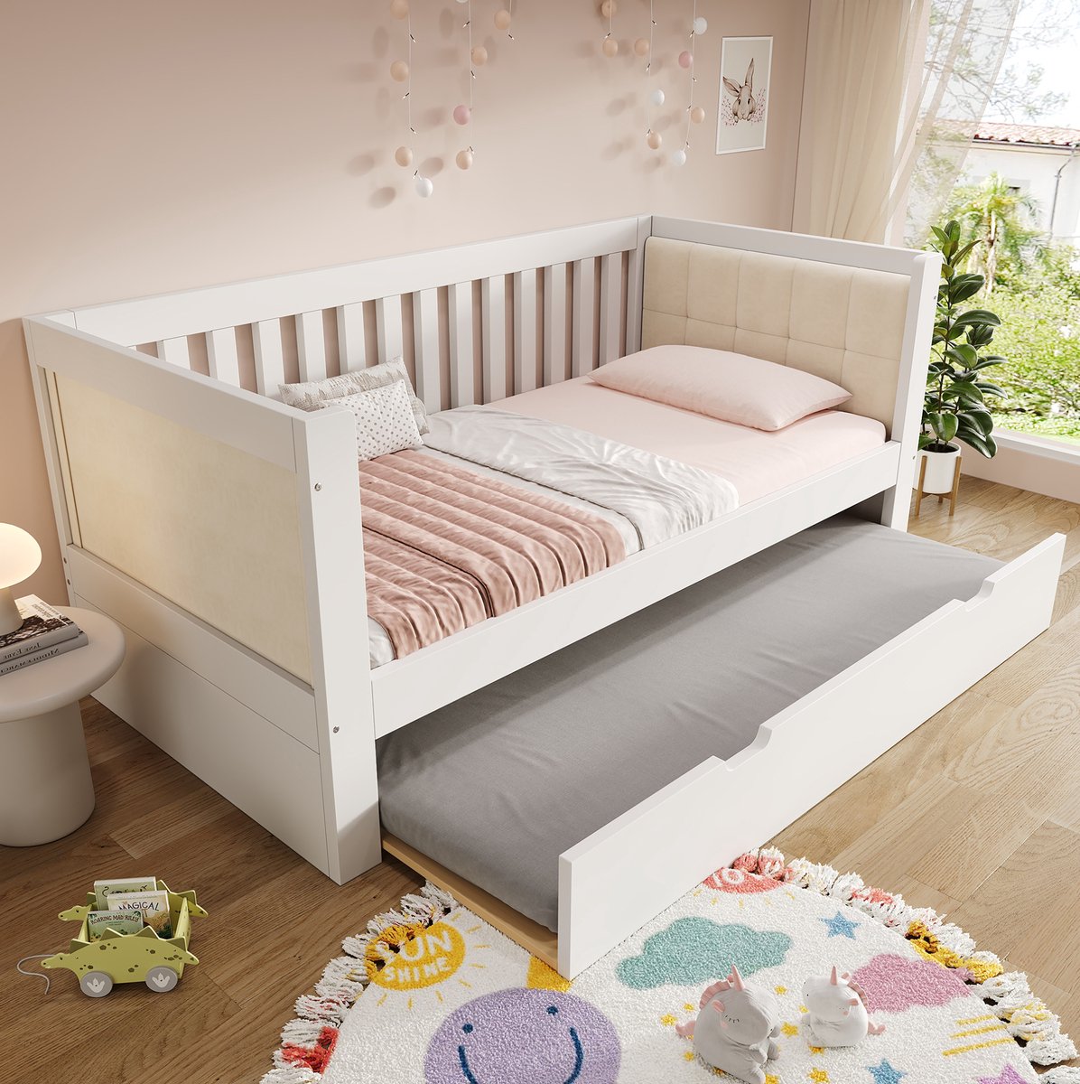 Wishdor Bedbank 90x190 cm met uitrolbed - Hout - Wit - Lattenbodem en bedlade - Ruimtebesparend voor slaapkamer en logeerkamer - 201 x 95 x 74 cm