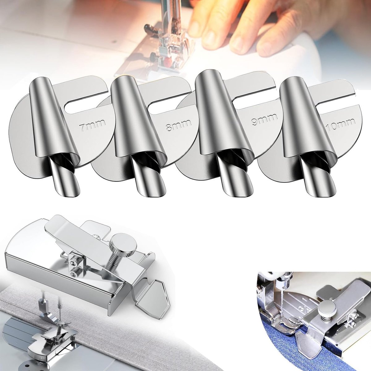 Magnetische Nahtgeleider en 4 Rolsaumvoeten voor Naaimachine (7/8/9/10 mm)