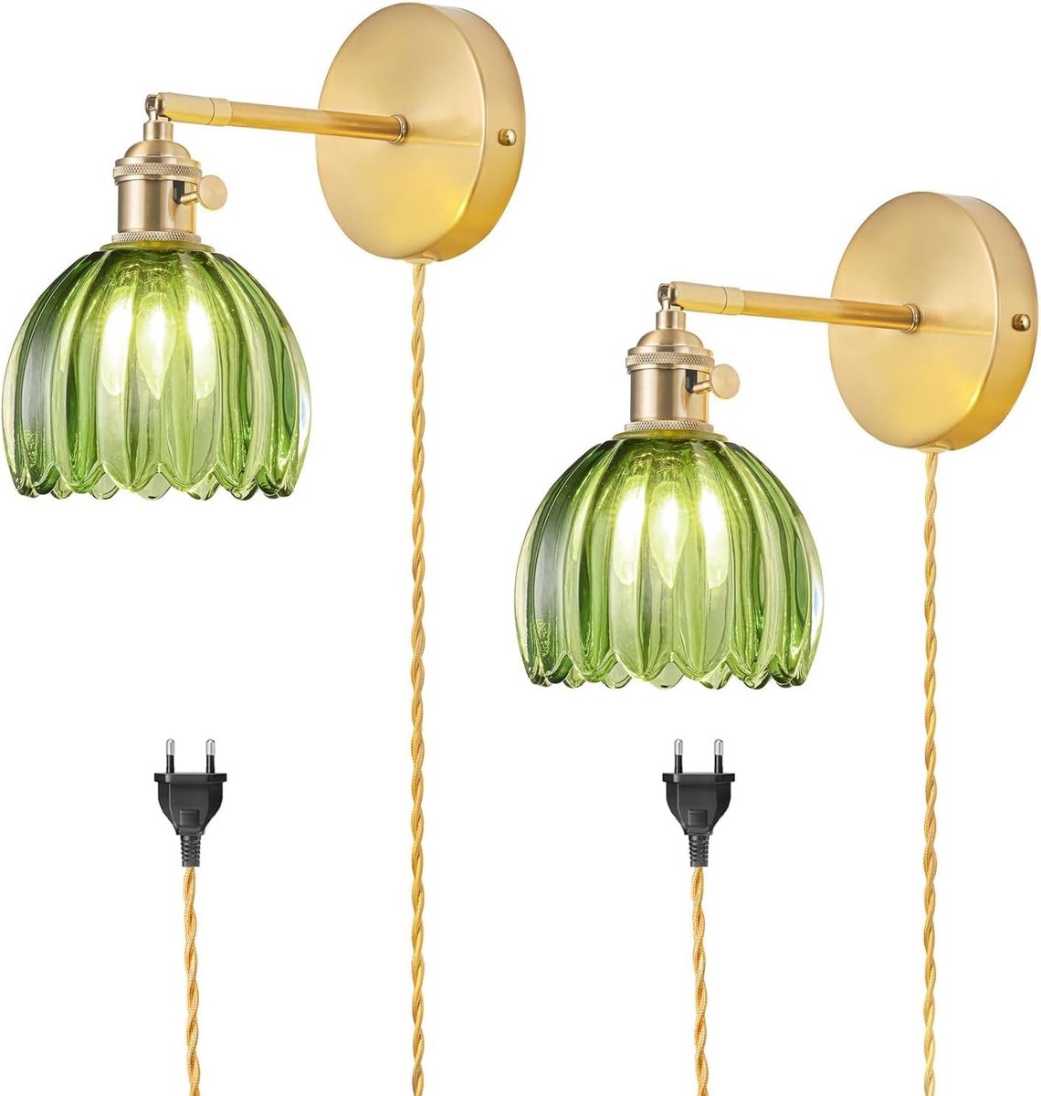 Wandlamp met Stekker - Groen - Met Stekker (2 Stuks) - Vintage Wandlamp met Tulp Glazen Lampkap - Voor Diverse Ruimtes