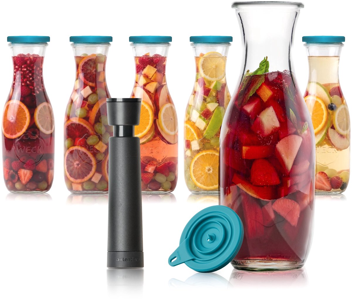 Airtender Instant Sangria Maker 1000ml (6st.) | 6x Vacuüm Sangriakaraf van glas | 6x Vacuümdeksel + GRATIS -pomp | Maak razendsnel de lekkerste Sangria! | Zonder vacuüm te gebruiken | Vacuüm versnelt de infusie (duurt 15-30min) en creëert meer smaak