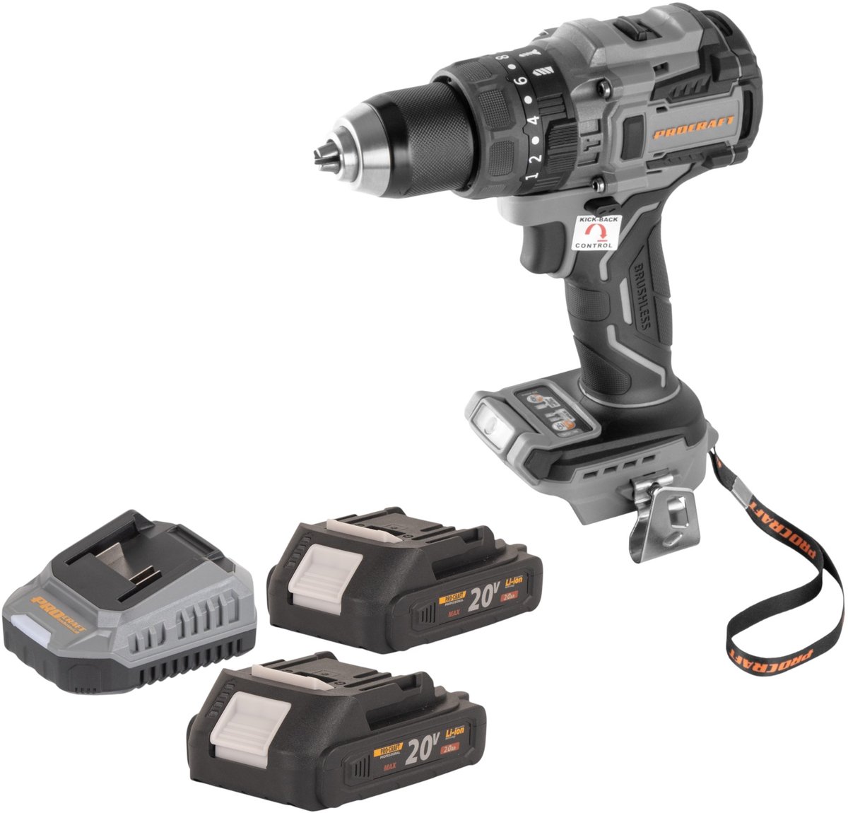 Procraft Industrial CD20B-BB accuboormachine 20 V 150 Nm borstelloos + 2x accu 2,0 Ah + oplader