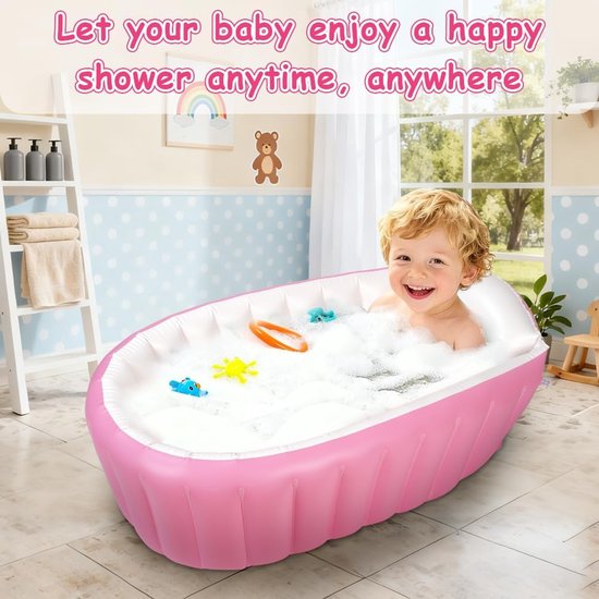 Opblaasbaar babybadje, draagbaar peuterbad, babybad met luchtpomp, inklapbaar, antislip, babybad, reisbad voor baby, opvouwbare douchebak, mini-luchtzwembad, douchebak (roze) — afbeelding 5