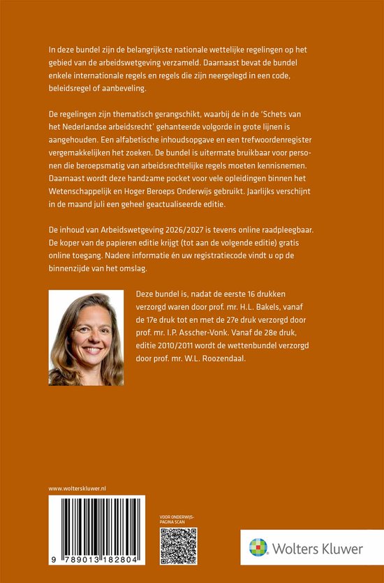 Achterkant boek "Arbeidswetgeving 2026/2027" met beschrijving, een foto van een vrouw en een barcode.