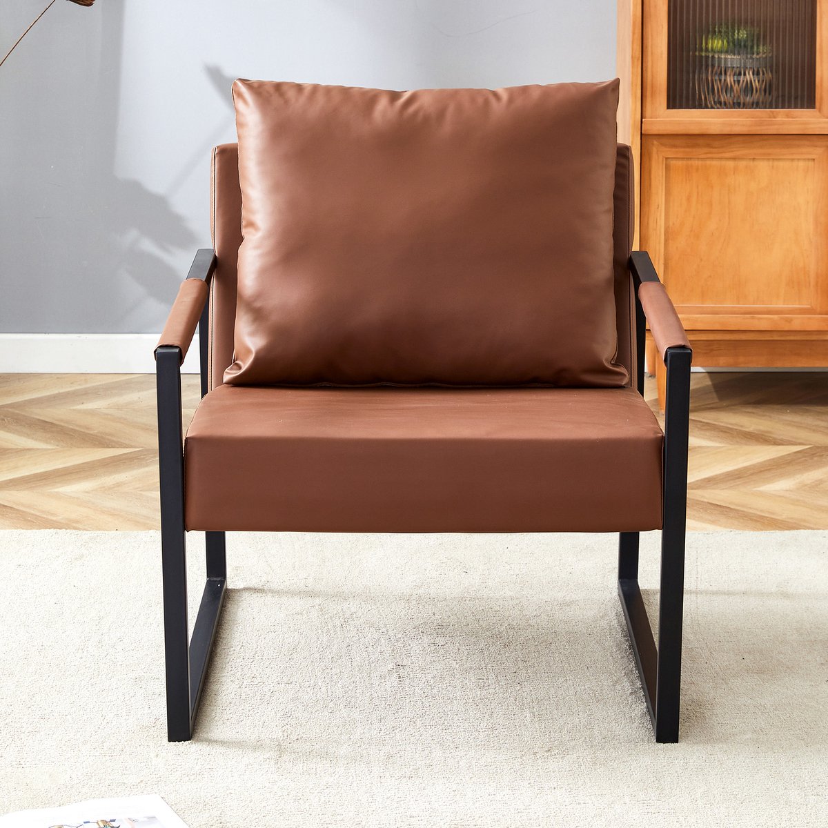 Re-purelife® Bruine leesstoel van PU leer met zwart metalen frame - moderne fauteuil met armleuningen voor woonkamer, slaapkamer of kantoor - 68,6 u 75,5 u 75,2 cm