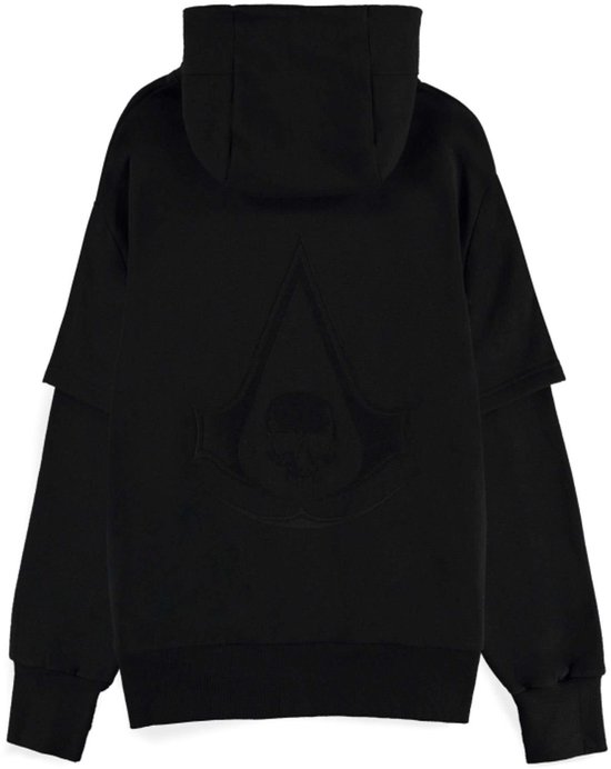 Zwarte hoodie met capuchon en een reliëf Assassin's Creed logo op de rug.