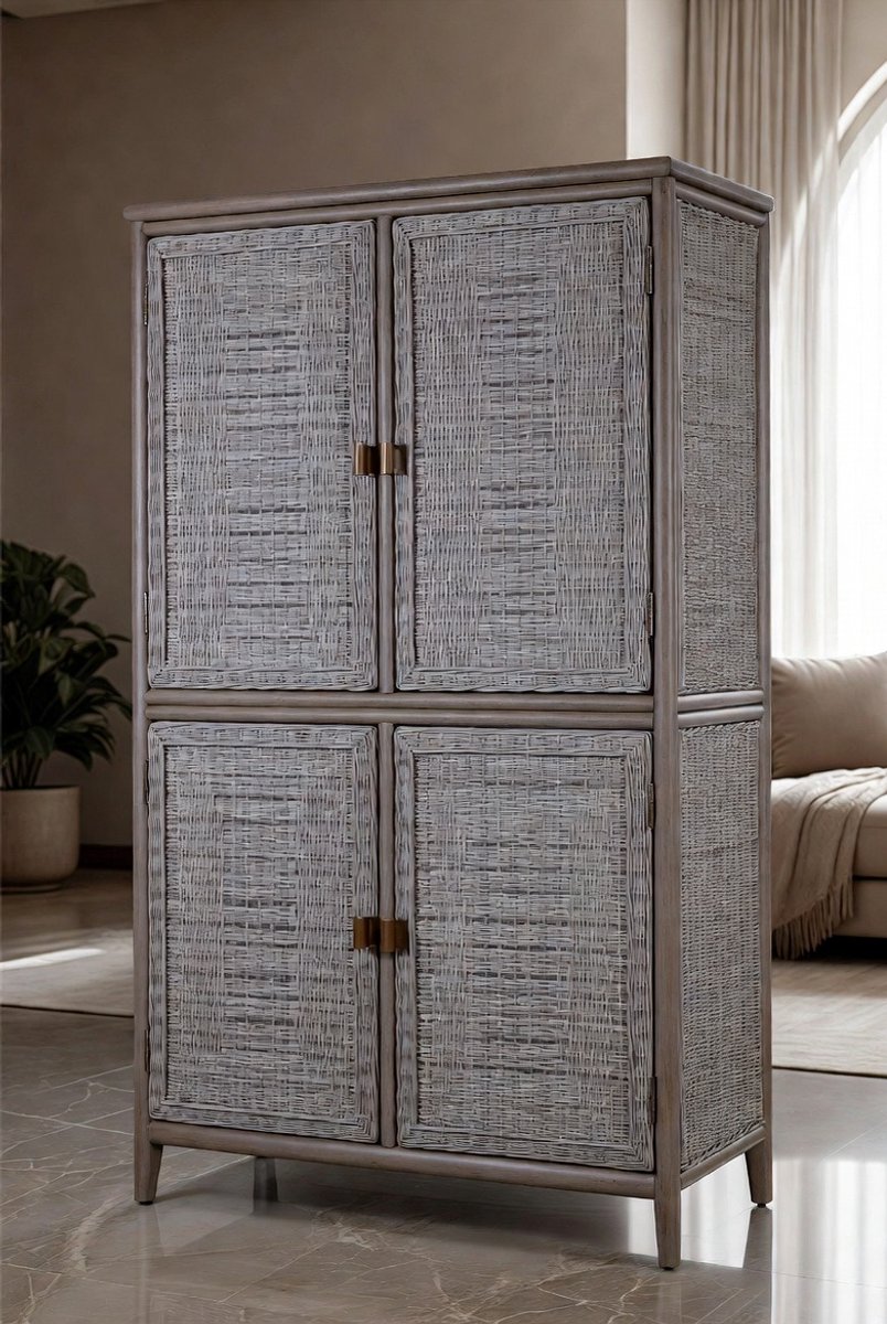 C-rotan 102a, multifunctionele kast met drie deuren in rotan-look, 2 gescheiden binnenruimtes, voor binnen en buiten, 102 x 39 x 170 cm-Medahomestore