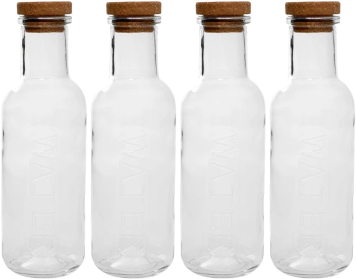 HOMLA - 4-Delige - Maeve Karaf - Glazen Waterkaraf met Kurken Stopper - Luxe Schenkkan voor Water, Sap & Dranken - Transparante Glazen Fles - Moderne Tafeldecoratie - 27.6 x 8 cm - 1L - Transparant