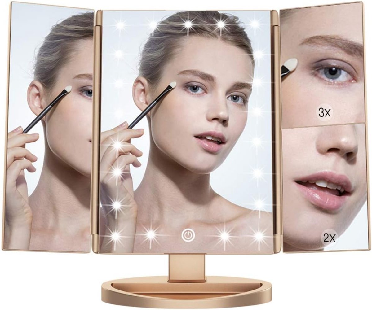 Ploutus® Vanity Spiegel - Verlichte LED Spiegel met Dimbaar Licht – Compact Design - Goud - 28cm x 18cm x 7cm