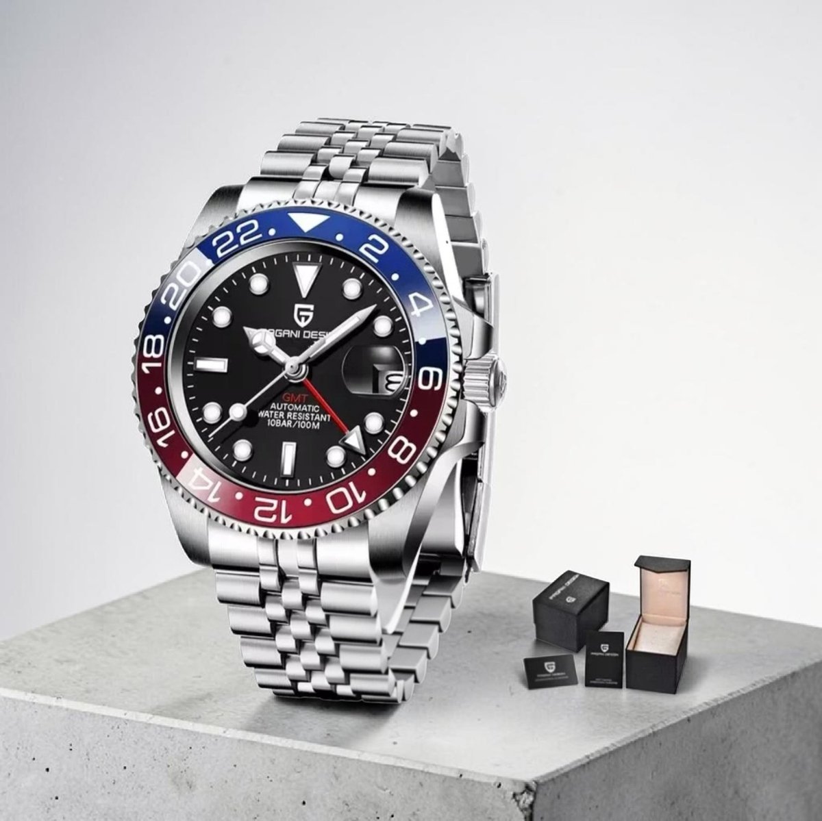 Pagani Design PD-1662 GMT Automatisch Herenhorloge Rood-Blauw - 40mm Roestvrij Staal | Luxe Duikhorloge met GMT Functie