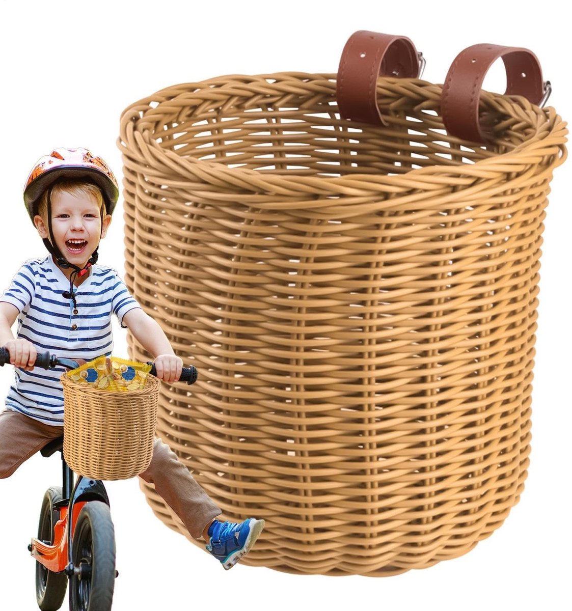 Dailygoods- Fietsmand handgevlochten - Opbergcapaciteit - PU riemen - Geschikt voor kinderen - Reis/strand plezier - Afmetingen 18,5x18,5 cm - Opbergmand