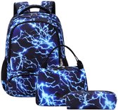Jongens Rugzak | Bliksem Rugzak | Jongens Schooltas | Schoolrugzak | Laptop Rugzak | Reflecterende Rugzak | Rugzak met Lunchtas en Etui | 3D Bliksem Print | 3-Delige Schooltassenset | 20 Liter