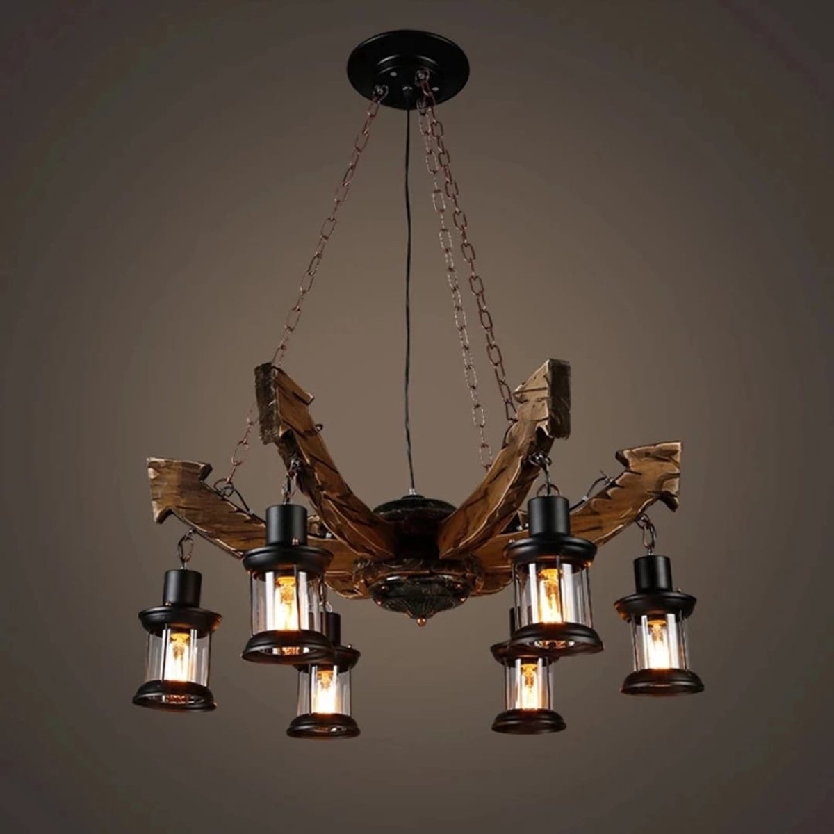Industriële Anker Hanglamp - 6-Lichts Kroonluchter - Rustiek Hout & Zwart Metaal - Maritieme Lantaarn Plafondlamp - Exclusief Lampen