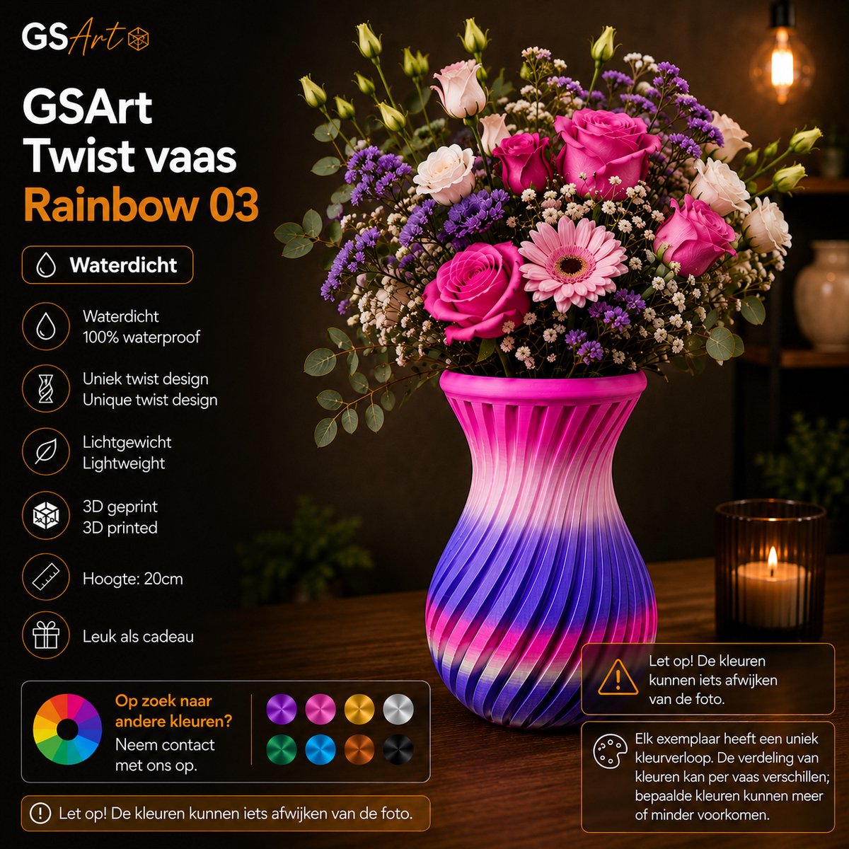 GSArt Twist Vaas Rainbow 03 – Waterdicht – 20 cm – Uniek Kleurverloop