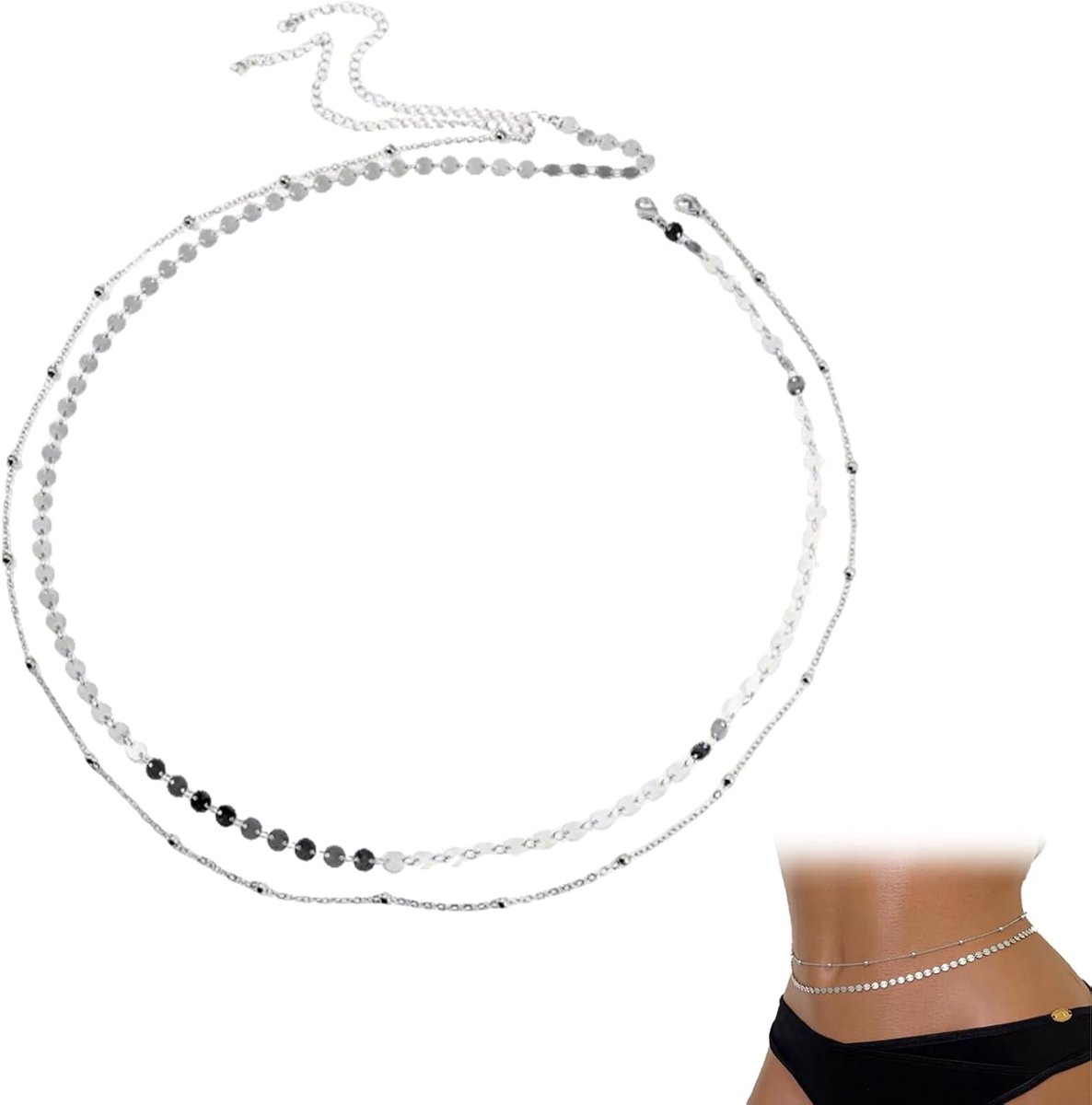 Elegante tweelaagse buikketting voor dames van zilver roestvrijstaal, verstelbaar met satelliet- en parelketting, perfect voor feesten, bruiloften en strandoutfits, 70+10 cm