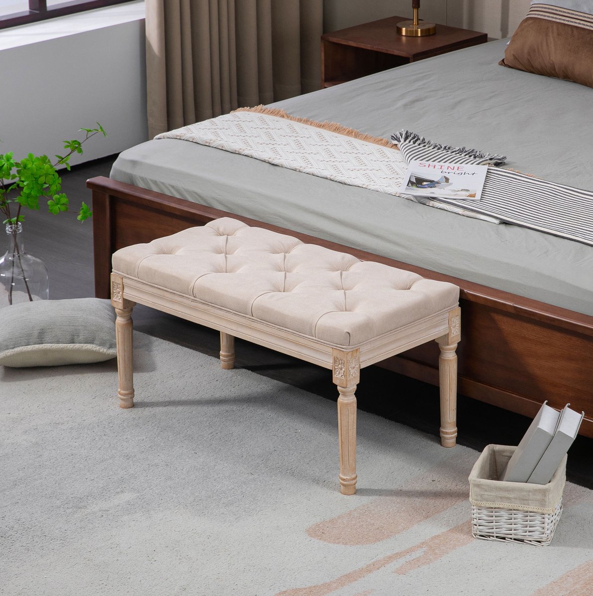 REDOM - Hocker - Gestoffeerde zitbank - Knophechting - Vier houten poten - Franse vintage stijl - Hal en woonkamer - Polyester - Beige - 80 x 40 x 43 cm