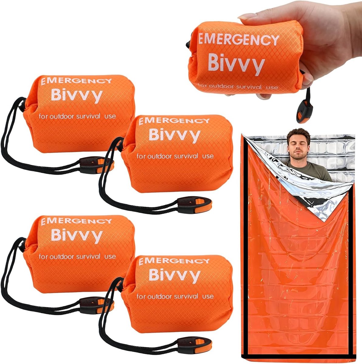 Set van 4 Ultralichte Nood Bivak Slaapzakken met Nooddeken en Fluitje, Ideaal voor Overleving, Wandelen en Kamperen, Koud Bescherming en Herbruikbaar