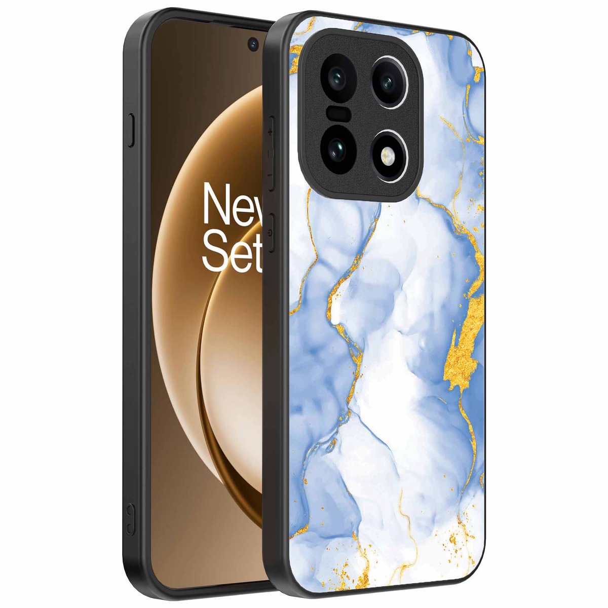 Geschikt voor OnePlus 15 Telefoonhoesje met Lichtblauw Goud Marmer Opdruk - TPU Backcover Case Lightblue Gold Marble Design - Smartphonica geschikt voor OnePlus 15