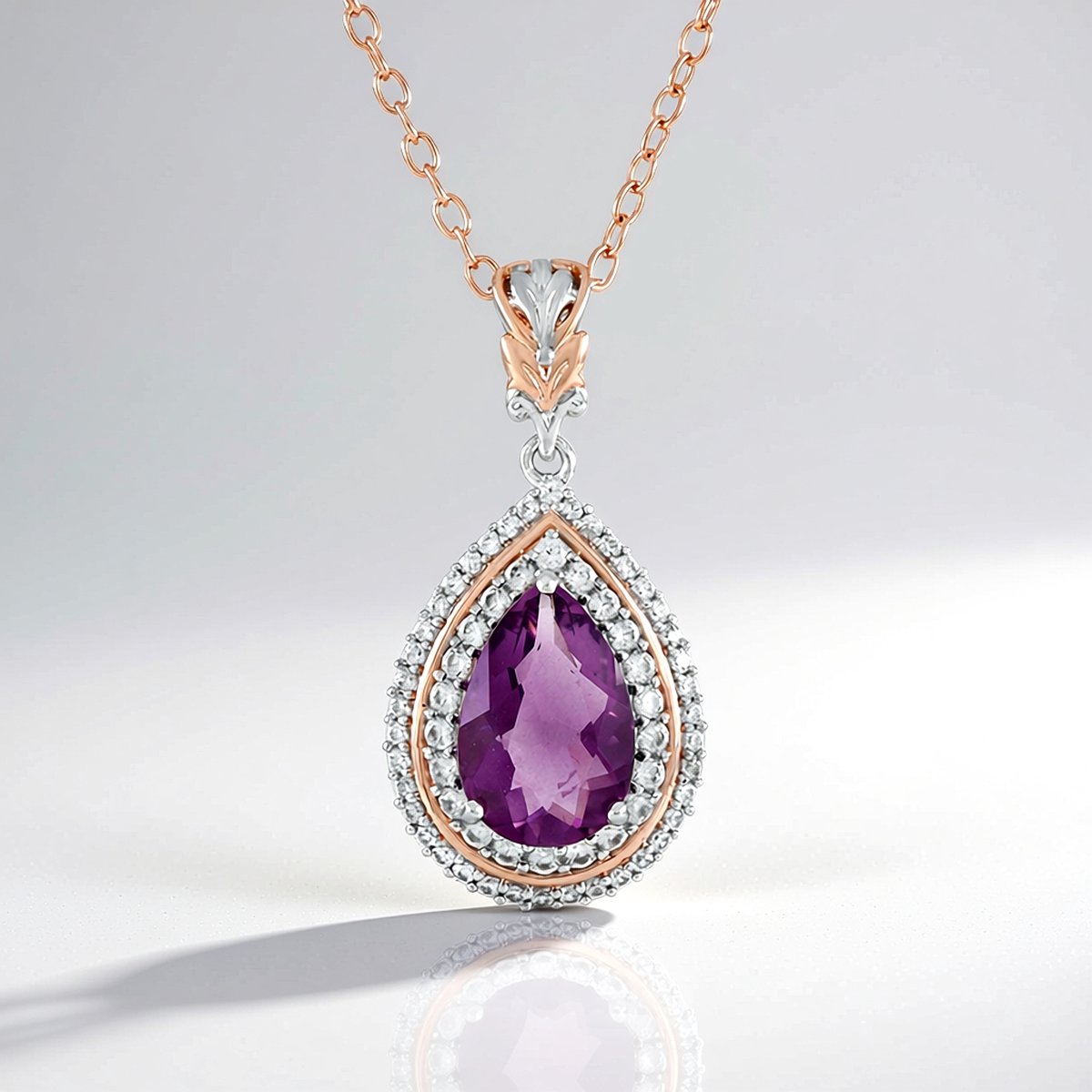 Cavill - 925 Sterling Zilver Halsketting - Roségoud Verguld - 3,33 ct Roze Fluoriet & 0,72 ct Cambodjaanse Zirkonen - Peervorm - 50 cm