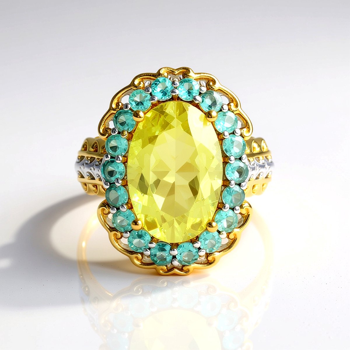 Cavill - Zilveren Ring met Ouro Verde Kwarts 5,4 ct - 925 Sterling Zilver Palladium - Ovale Groene Edelsteen - Luxe Avondring met Fluorapatiet 0,97 ct