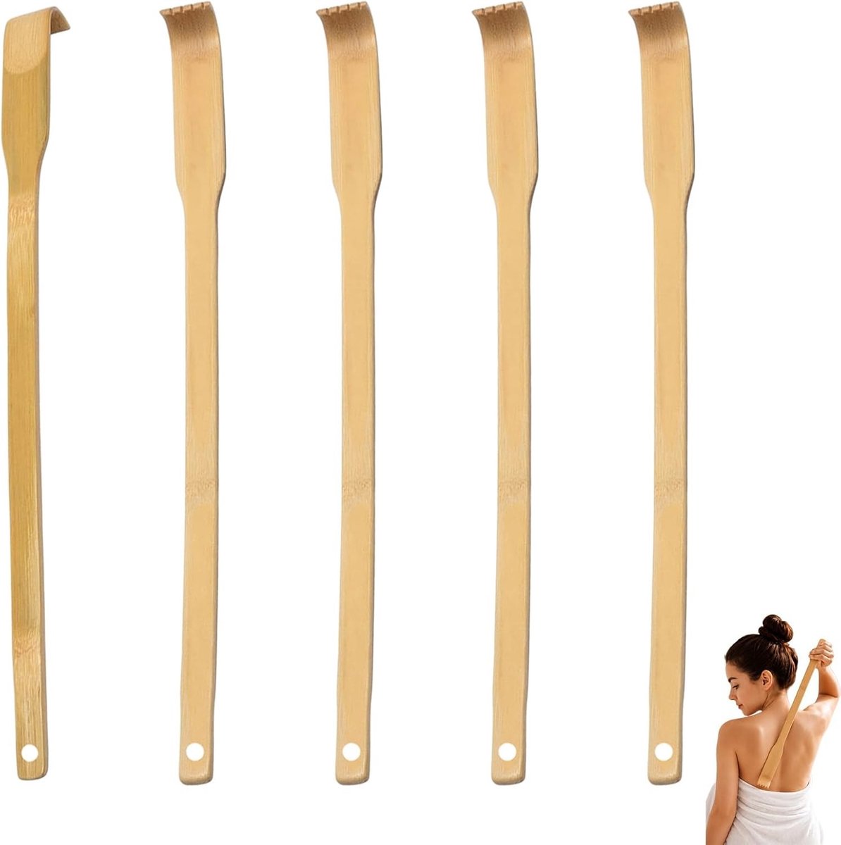 Set van 5 rugkrabbers van bamboe met lange handgreep voor jeukverlichting en ontspanning, duurzaam en ergonomisch ontwerp