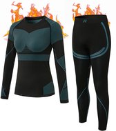 MEETYOO Thermoset dames, binnenfleece set, functioneel ondergoed, skiondergoed, winter, thermoondergoed, set, zacht, warm, flexibel, dames bovendeel en onderdeel, thermische onderbroek voor allerlei buitenactiviteiten in de winter Groente -L