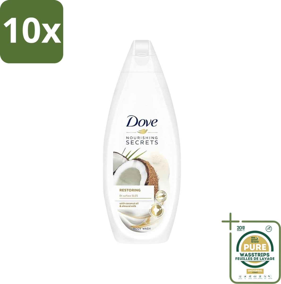 10 x Dove Nourishing Secrets - Douchegel - Kokosolie & Amandel melk - Sulfaatvrij - 250 ml - Grootverpakking - Douchegel - Kokosolie - Amandelmelk - Natuurlijke Verzorging - Sulfaatvrije Douchegel
