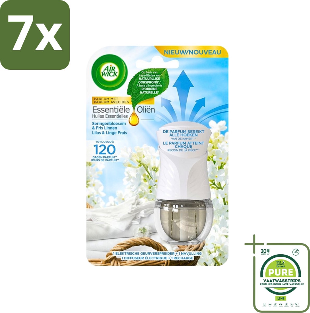 7 x Air Wick Essential Oils - Elektrische Geurverspreider Starterkit - Sering & Fris Linnen - 19ml - Grootverpakking - Luchtverfrisser - Geurverspreider - Air Wick - Essentiële Oliën - Sering & Fris Linnen