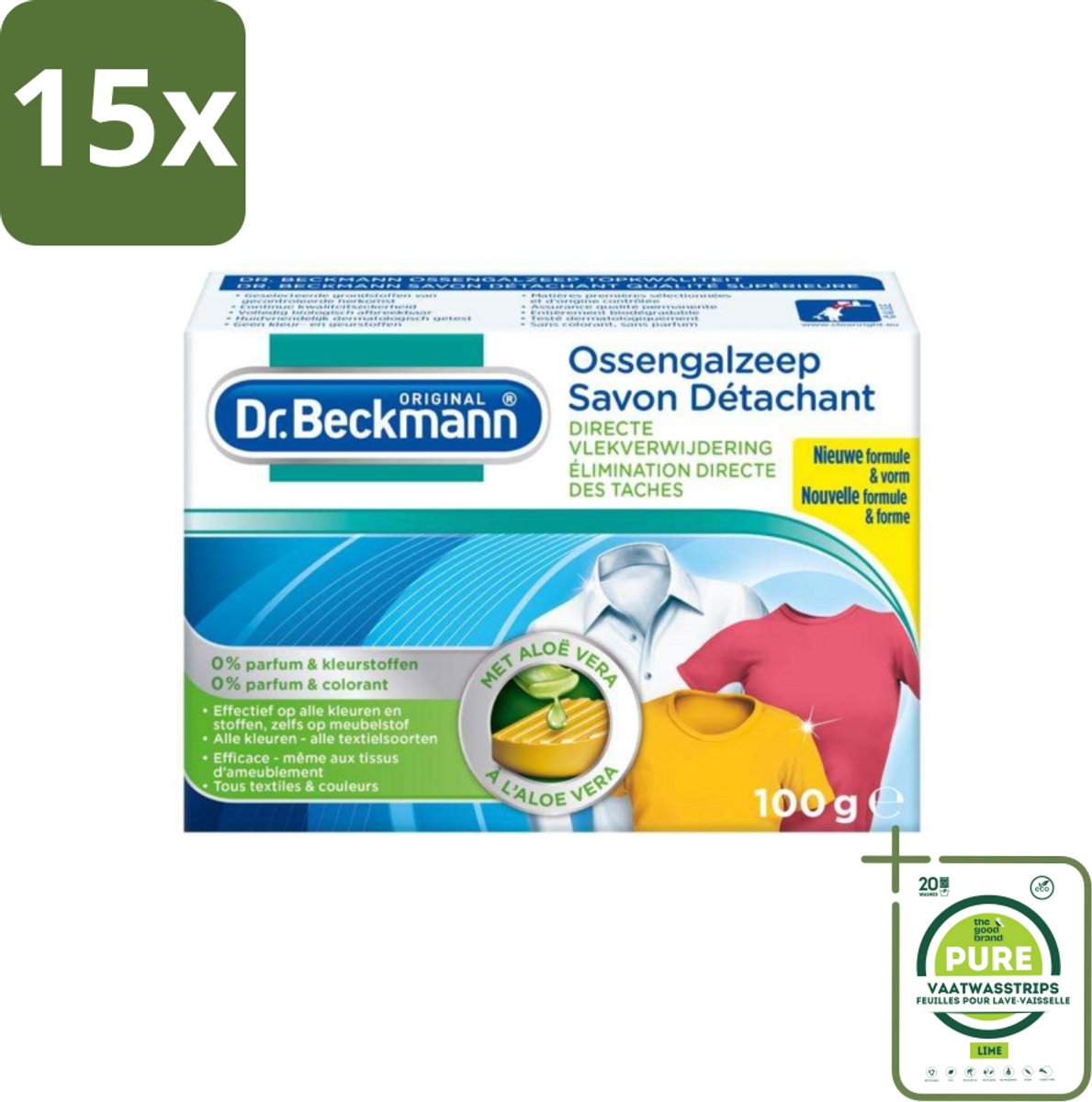 15 x Dr.Beckmann - Vlekkenverwijderaar - Ossengalzeep Met Aloë Vera - Witte en Gekleurde Was - 100g - Grootverpakking - Vlekkenverwijderaar - Vlekken Uit Kleding - Tapijt Schoonmaken - Meubels Schoonmaken - Aloë Vera
