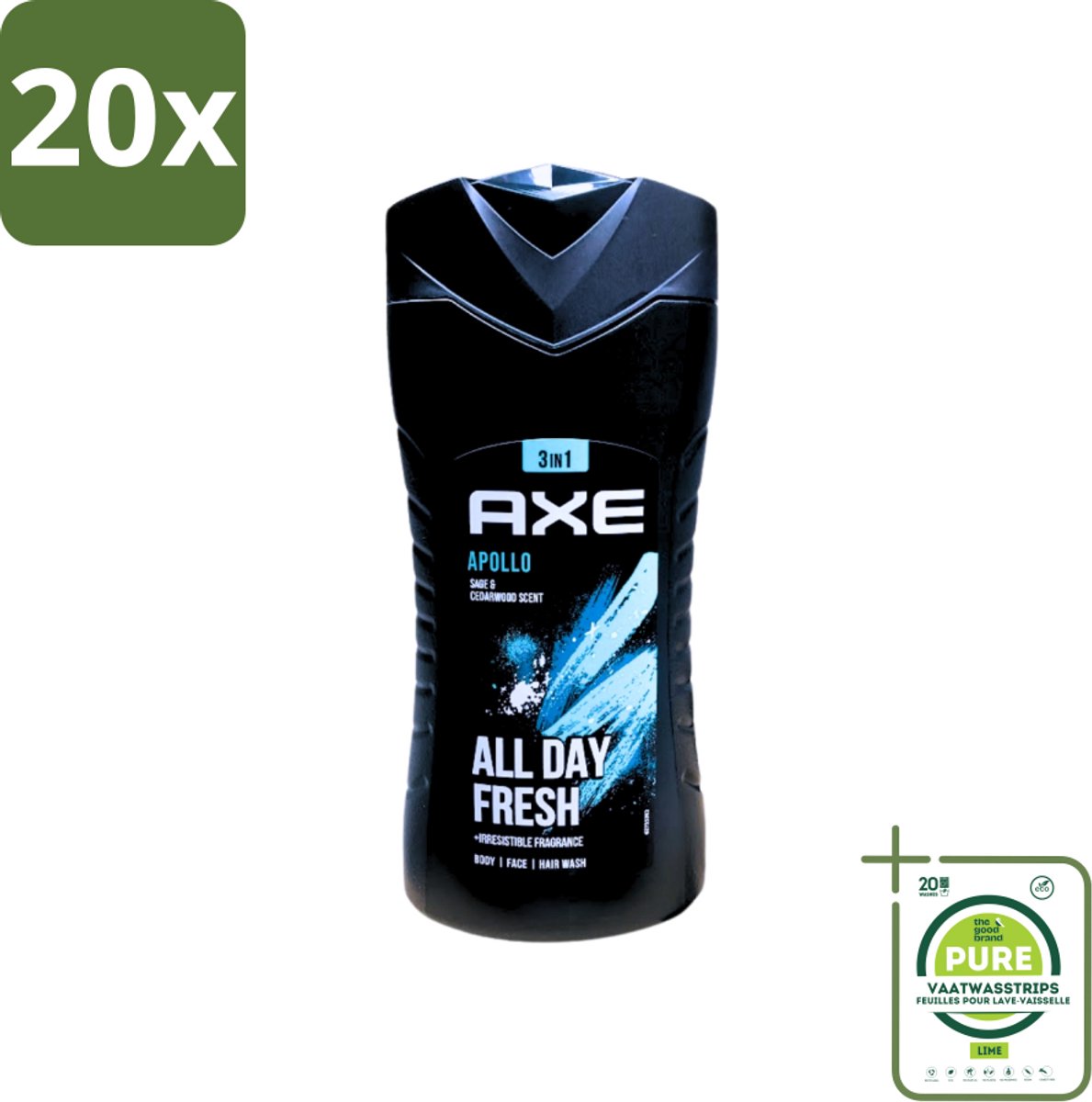 20 x Axe - 3-in-1 Douchegel - Apollo - Sage & Cedarwoord - All Day Fresh - 400 ml - Grootverpakking - Douchegel - Deodorant - Salie - Cederhout - Fris