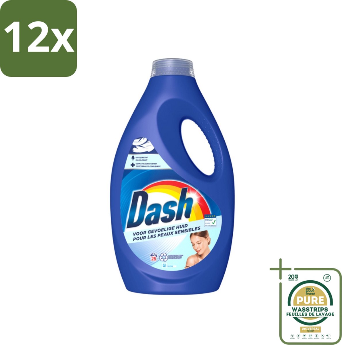 Dash Sensitive - Vloeibaar Wasmiddel - Voor Gevoelige Huid - Witte en Gekleurde Was - 26 Wasbeurten - Voordeelverpakking - 12 stuks - Wasmiddel dermatologisch getest - Wasmiddel ECARF